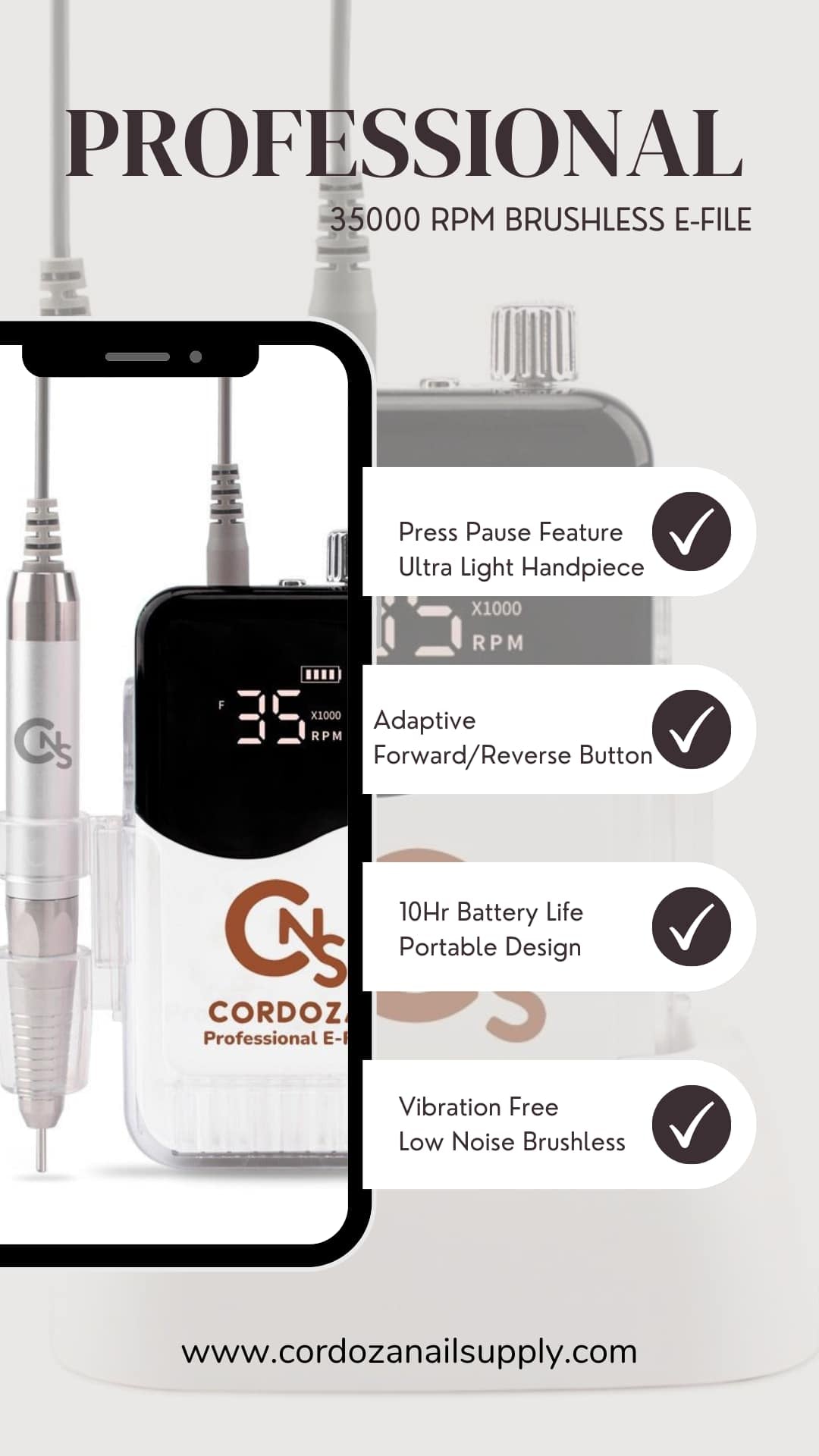 CNS Brushless Rechargeable Professional E - File 35k RPM w/ Stand - Cordoza Nail Supply